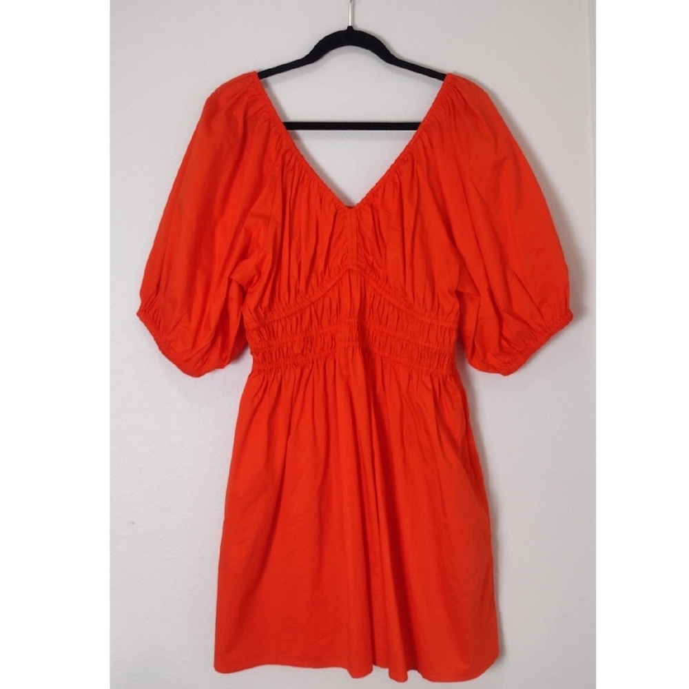 Old Navy Darling Clementine Orange Puff Sleeve Waist Defined Cotton Mini Dress - Picture 2 of 11